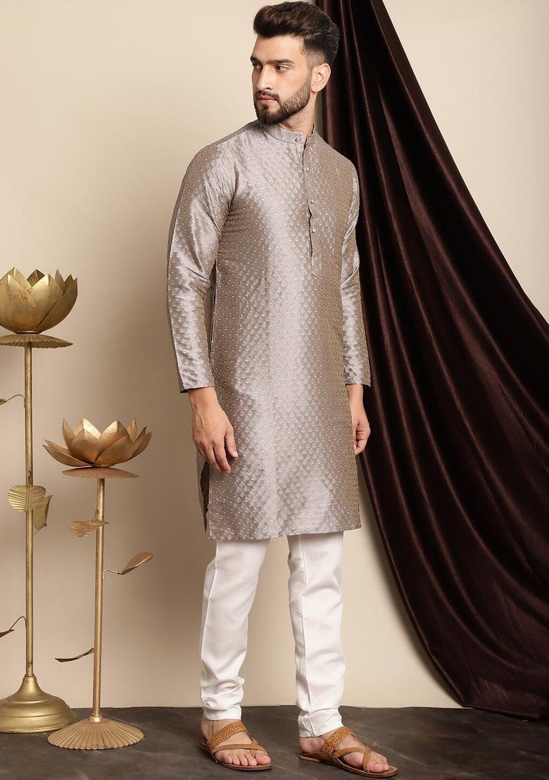 Grey Woven Design Silk Kurta Set For Men - Indya