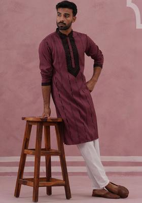 Maroon Embroidered Silk Kurta Set For Men