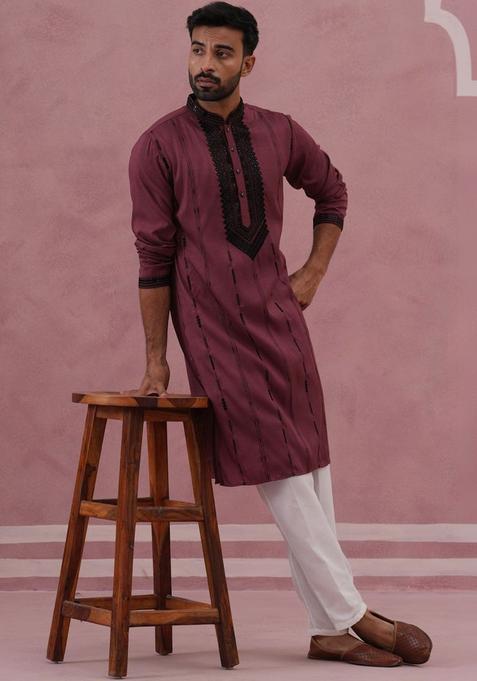 Maroon Embroidered Silk Kurta Set For Men