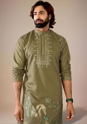 Olive Embroidered Cotton Kurta Set For Men