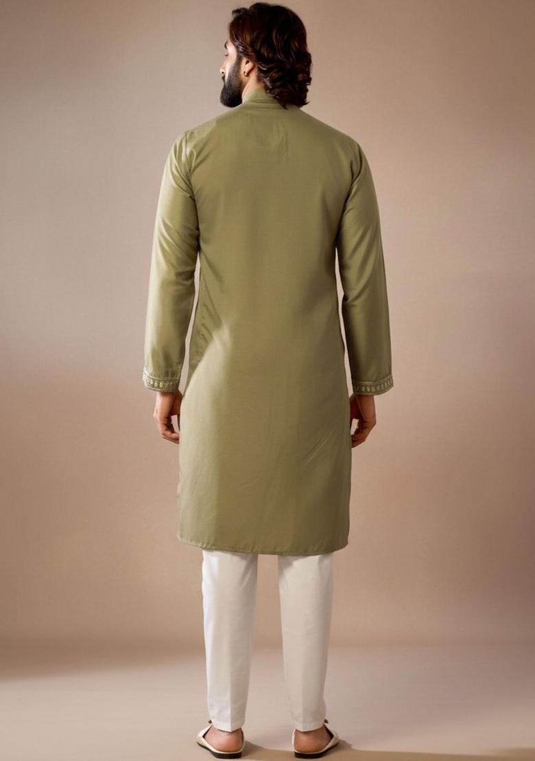 Olive Embroidered Cotton Kurta Set For Men - Indya