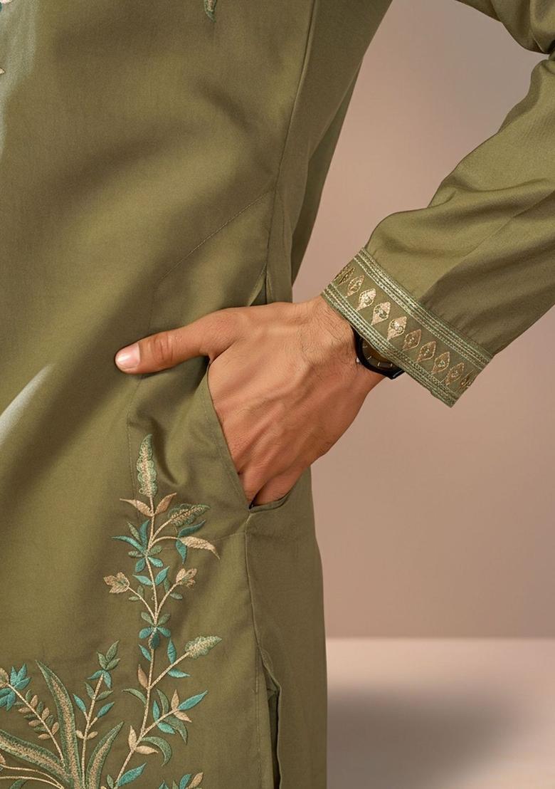 Olive Embroidered Cotton Kurta Set For Men - Indya