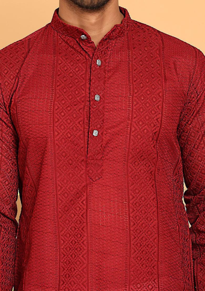 Maroon Embroidered Cotton Kurta Set For Men - Indya