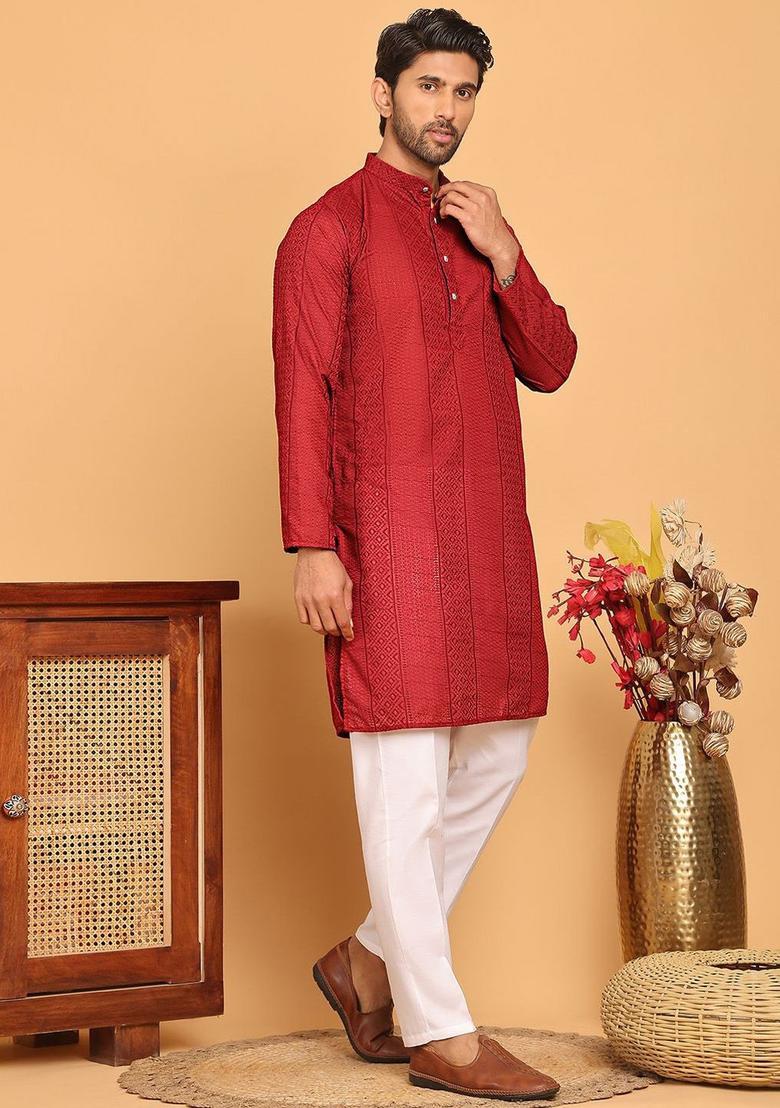 Maroon Embroidered Cotton Kurta Set For Men - Indya