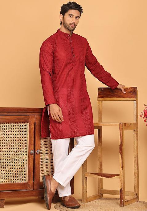 Maroon Embroidered Cotton Kurta Set For Men
