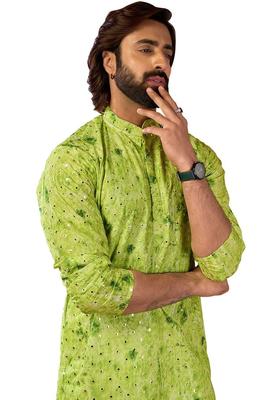 Green Dyed Cotton Kurta Set For Men