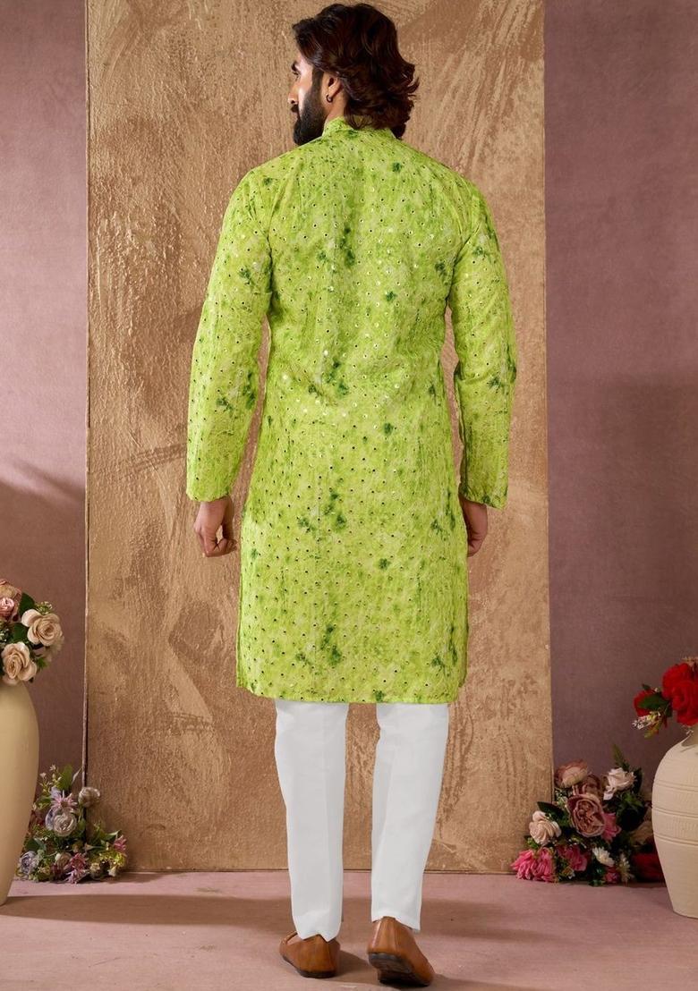 Green Dyed Cotton Kurta Set For Men - Indya