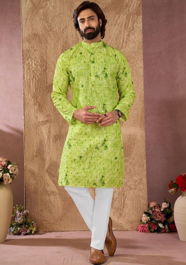 Green Dyed Cotton Kurta Set For Men - Indya