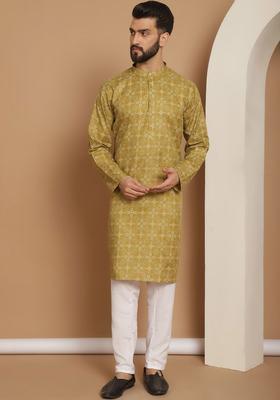 Olive Printed Cotton Kurta Set For Men