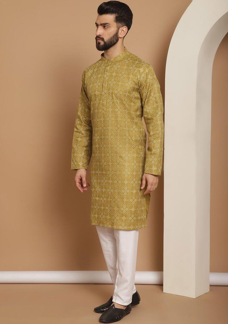 Olive Printed Cotton Kurta Set For Men - Indya