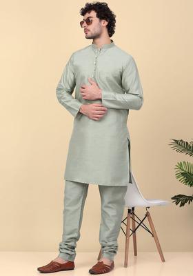 Olive Solid Silk Kurta Set For Men