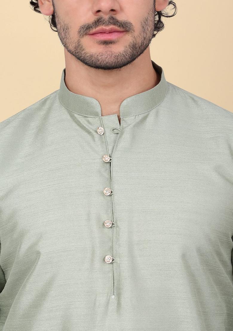Olive Solid Silk Kurta Set For Men - Indya