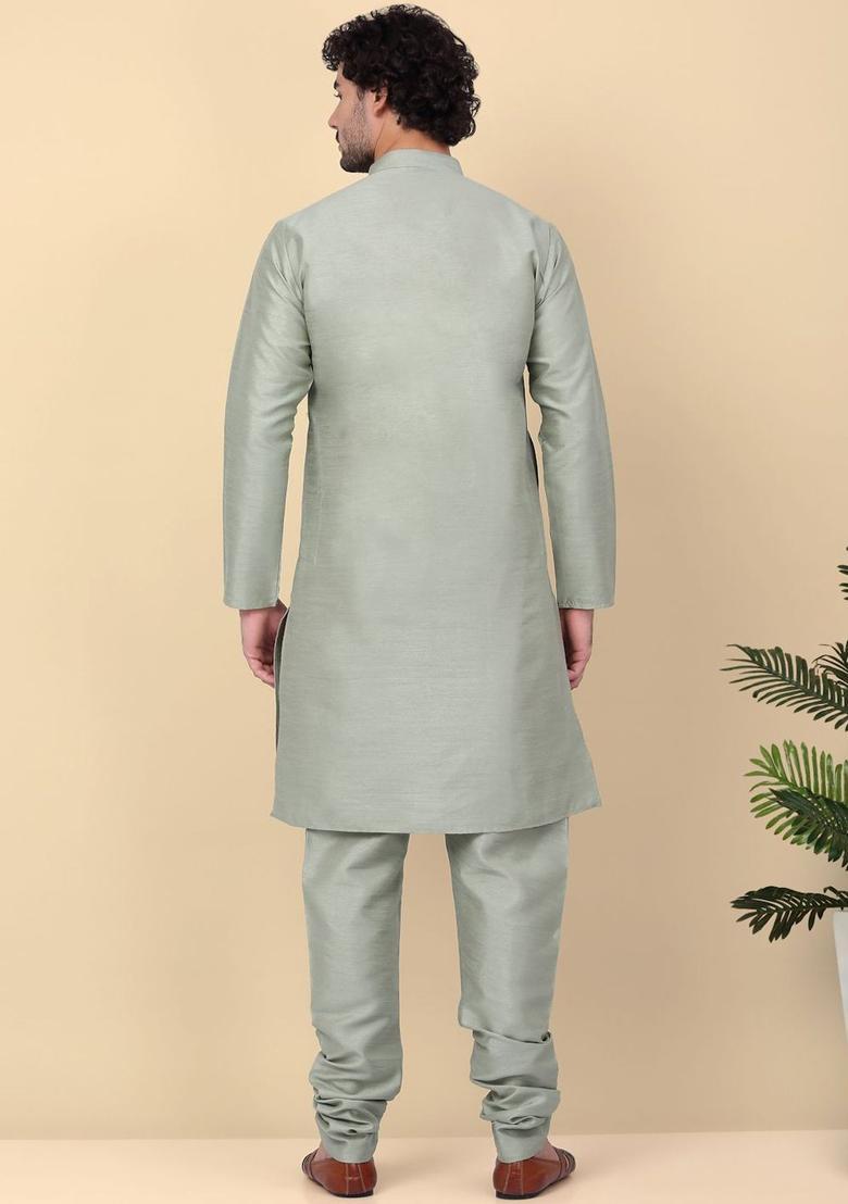 Olive Solid Silk Kurta Set For Men - Indya