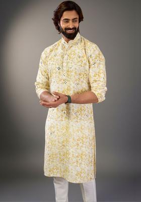 White Printed Silk Kurta Set For Men