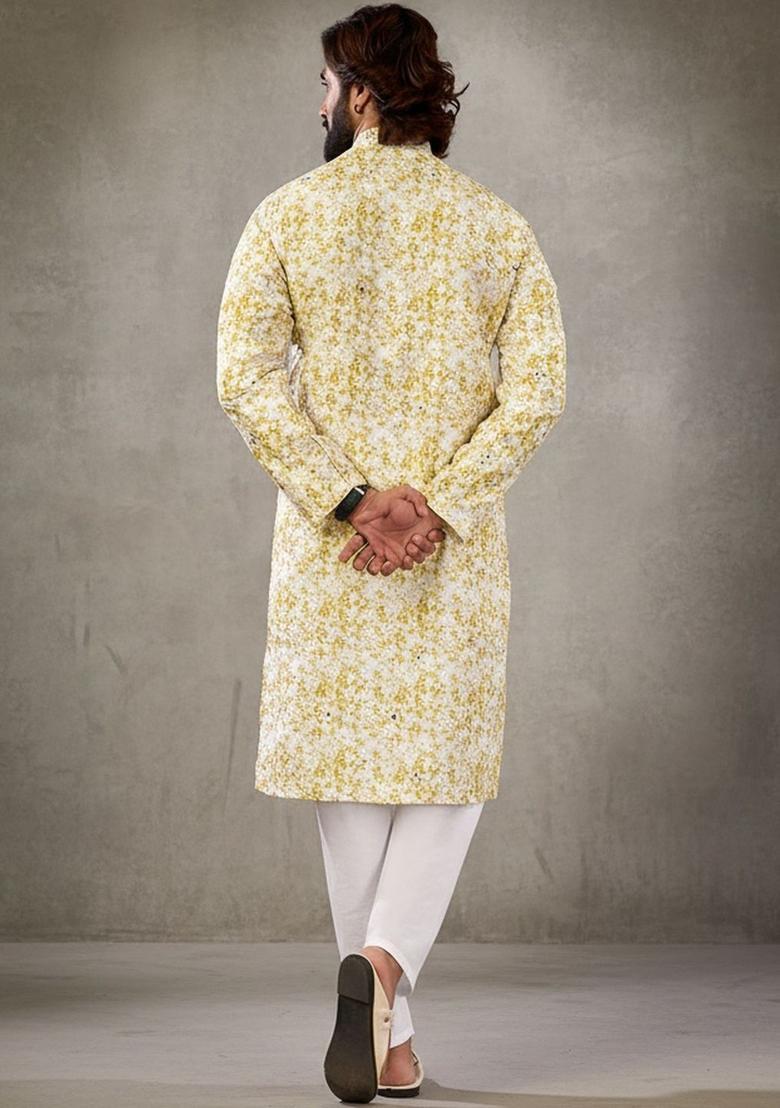 White Printed Silk Kurta Set For Men - Indya