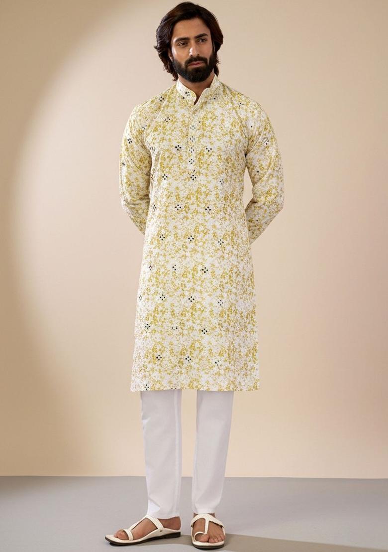 White Printed Silk Kurta Set For Men - Indya