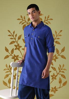 Blue Solid Polyester Kurta Set For Men