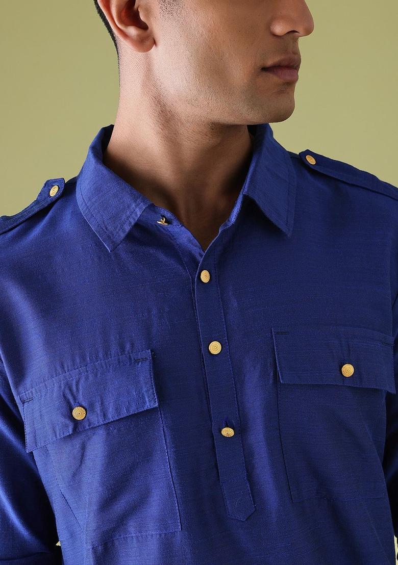 Blue Solid Polyester Kurta Set For Men - Indya