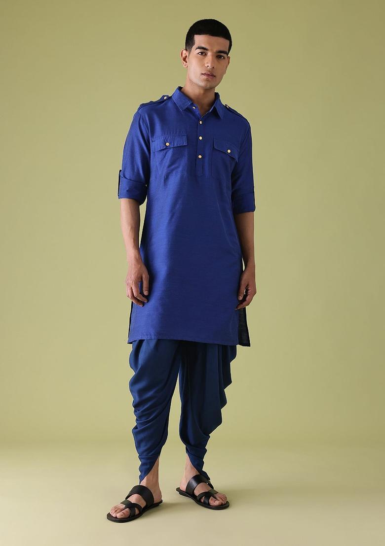 Blue Solid Polyester Kurta Set For Men - Indya