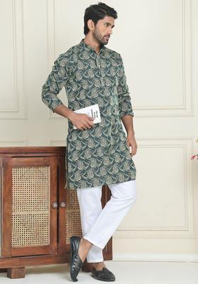 Olive Woven Design Silk Kurta Set For Men