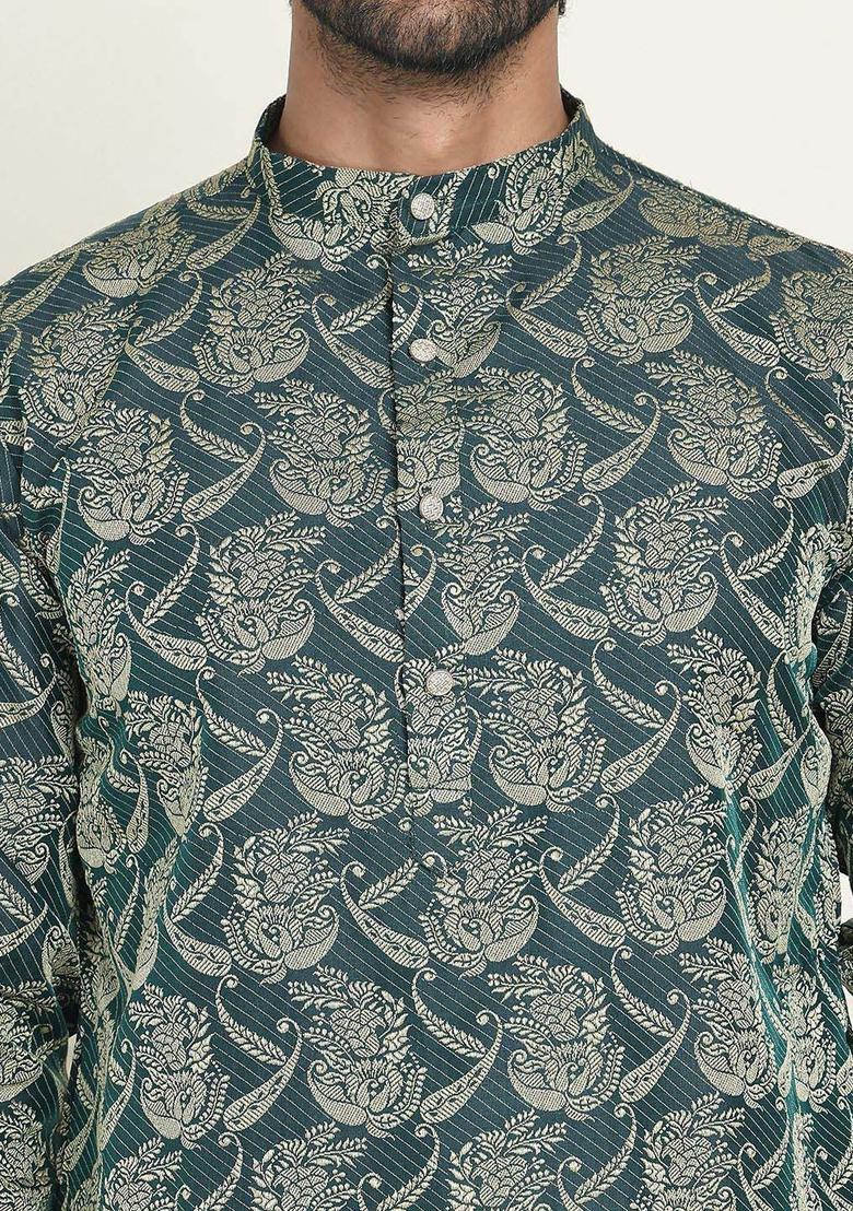 Olive Woven Design Silk Kurta Set For Men - Indya
