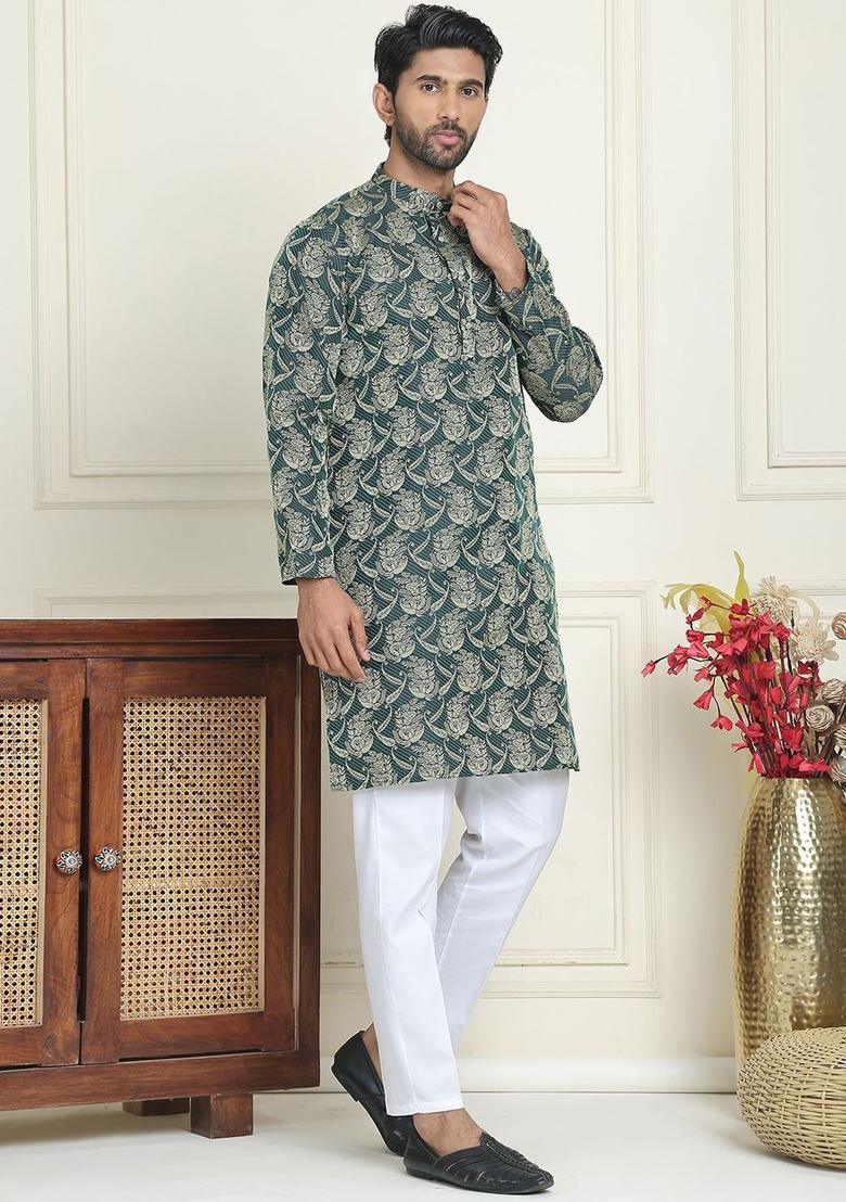 Olive Woven Design Silk Kurta Set For Men - Indya