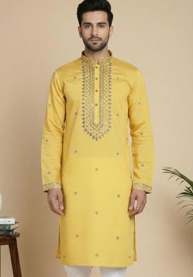Yellow Embroidered Silk Kurta Set For Men