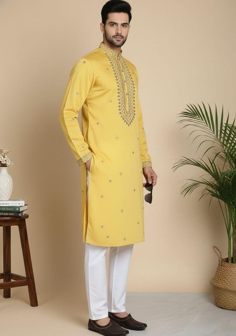 Yellow Embroidered Silk Kurta Set For Men - Indya