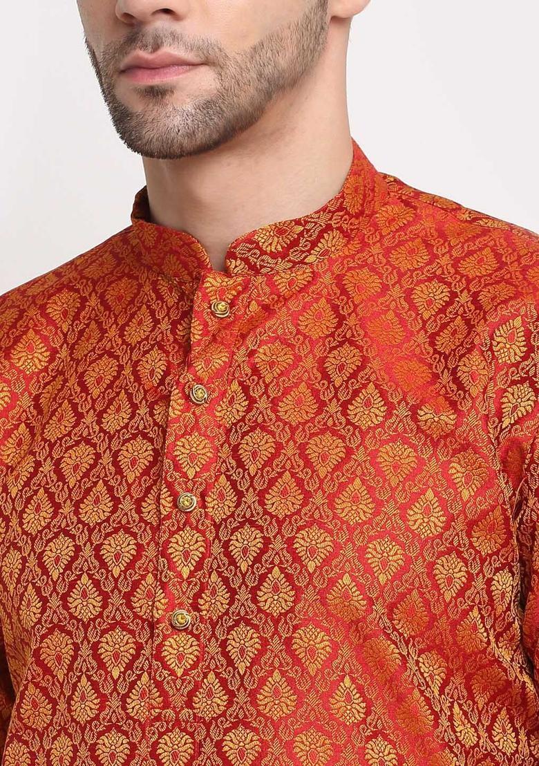 Red Woven Design Silk Kurta Set For Men - Indya
