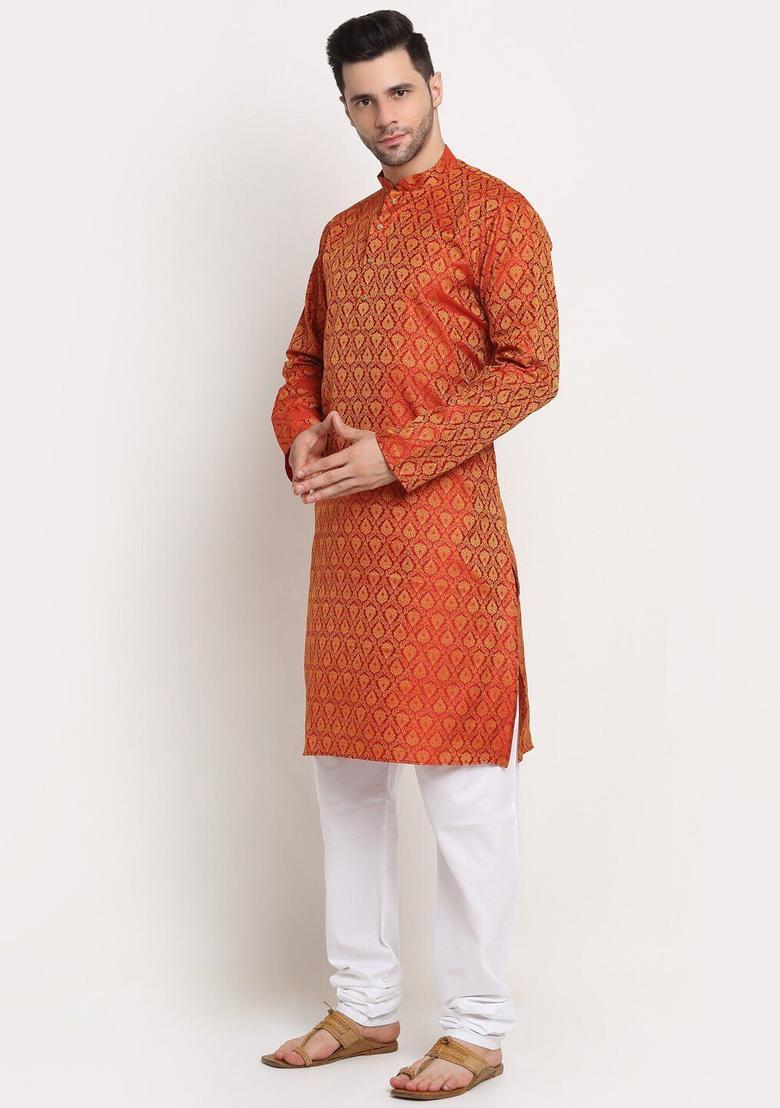 Red Woven Design Silk Kurta Set For Men - Indya