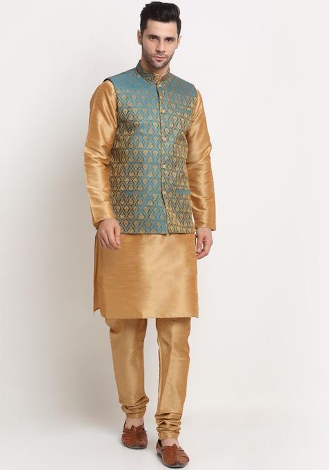 Gold Solid Silk Kurta Set For Men