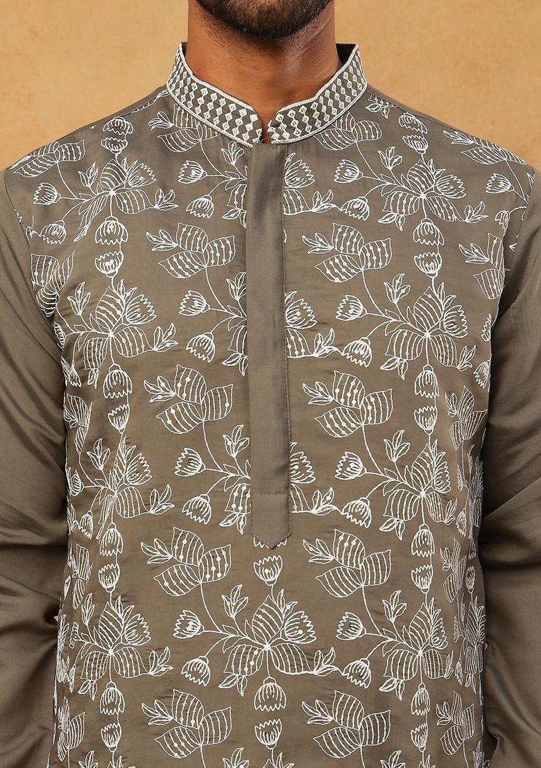 Grey Embroidered Silk Kurta Set For Men - Indya