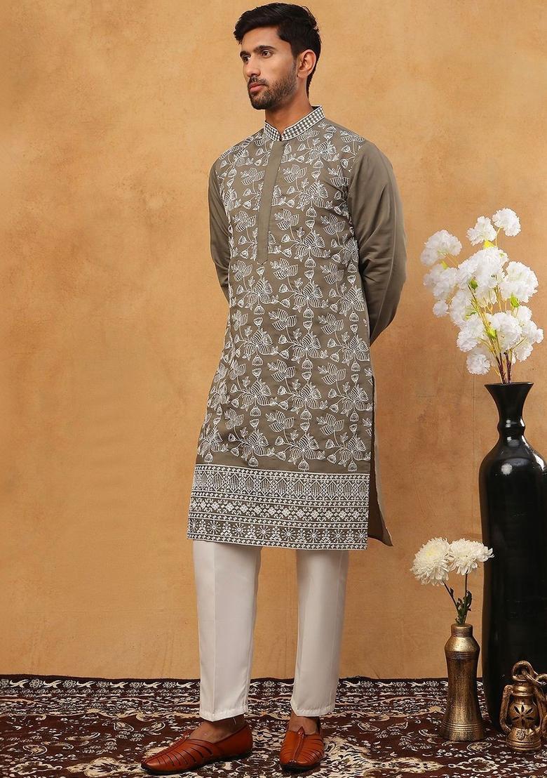 Grey Embroidered Silk Kurta Set For Men - Indya