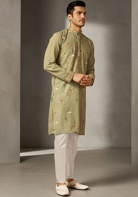 Olive Embroidered Cotton Kurta Set For Men