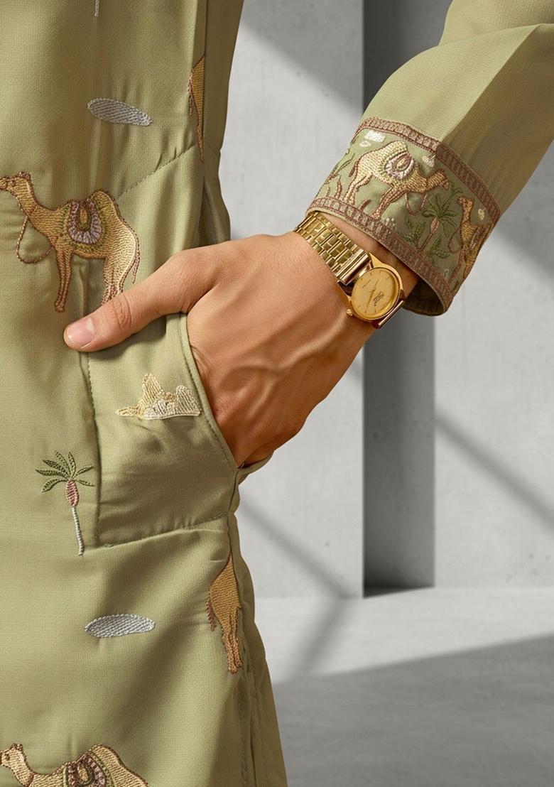 Olive Embroidered Cotton Kurta Set For Men - Indya