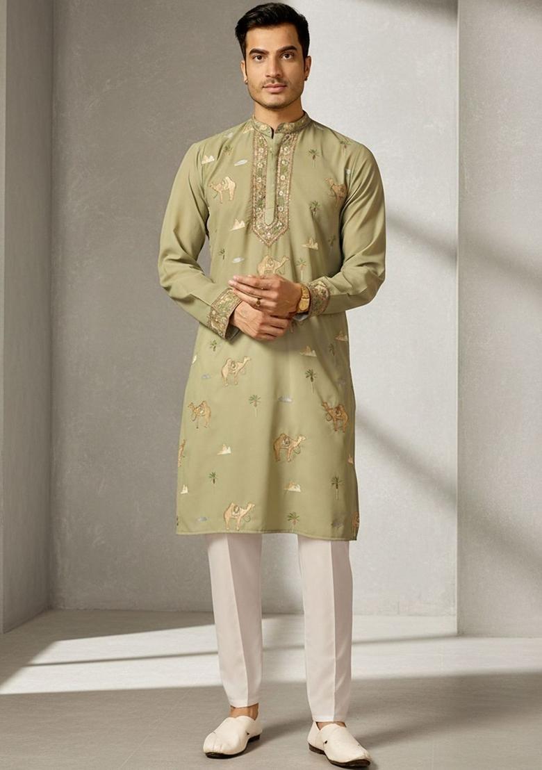 Olive Embroidered Cotton Kurta Set For Men - Indya
