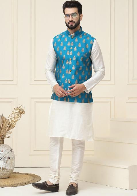 Beige Solid Silk Kurta Set For Men