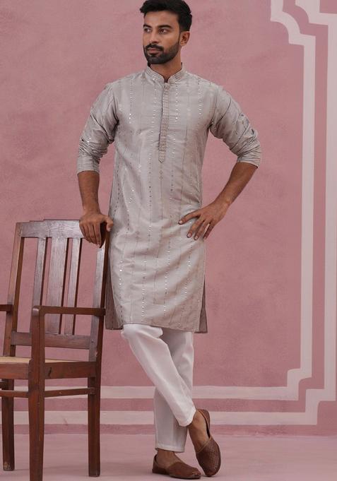 Grey Printed Silk Kurta Set For Men
