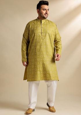Olive Printed Cotton Kurta Set For Men