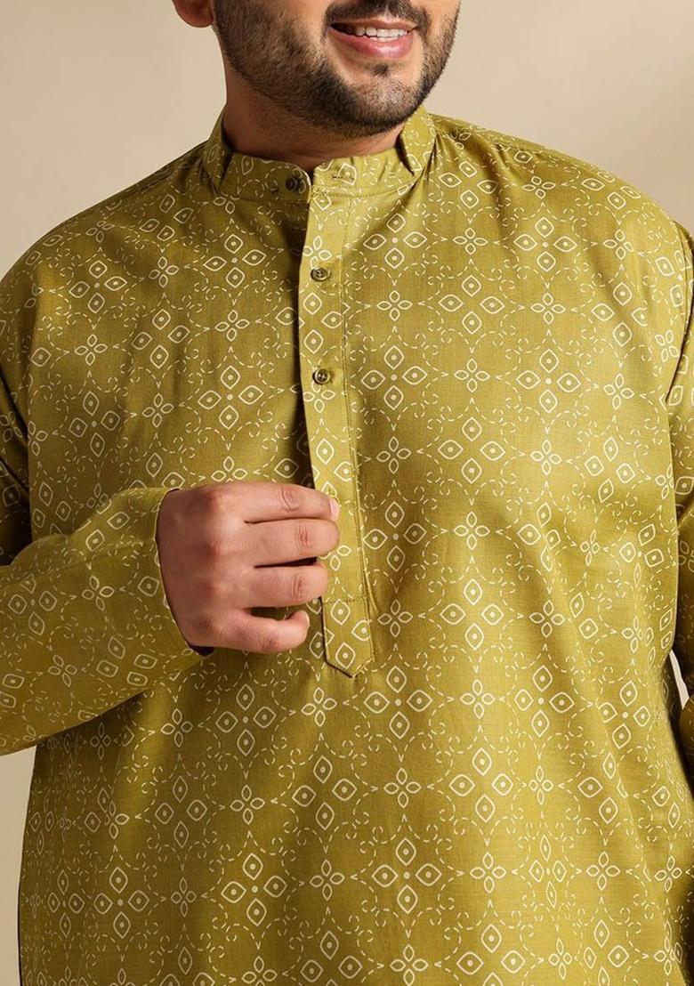 Olive Printed Cotton Kurta Set For Men - Indya