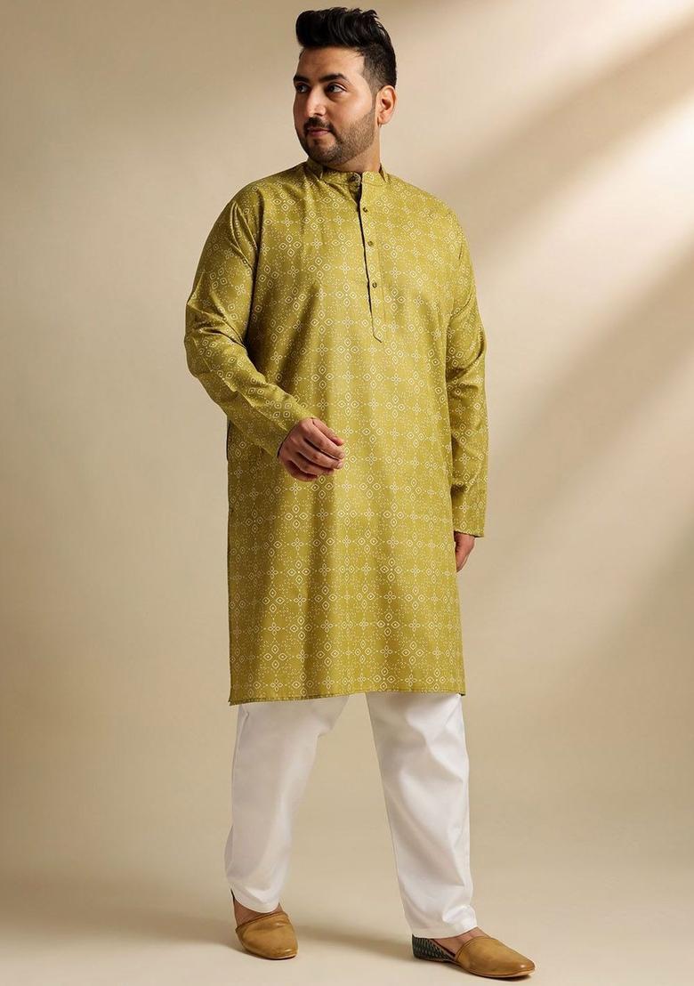 Olive Printed Cotton Kurta Set For Men - Indya
