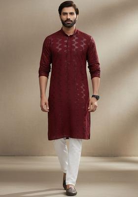 Maroon Self Design Cotton Kurta Set For Men