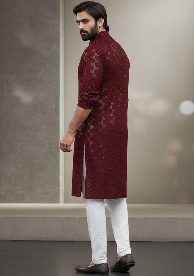 Maroon Self Design Cotton Kurta Set For Men - Indya