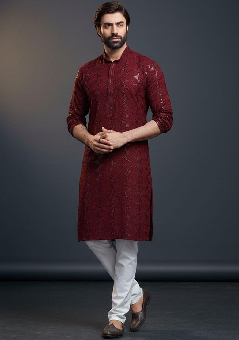 Maroon Self Design Cotton Kurta Set For Men - Indya