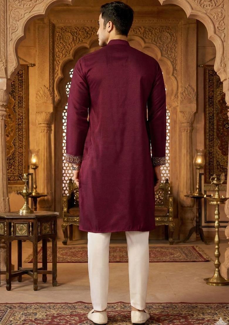 Maroon Embroidered Cotton Kurta Set For Men - Indya