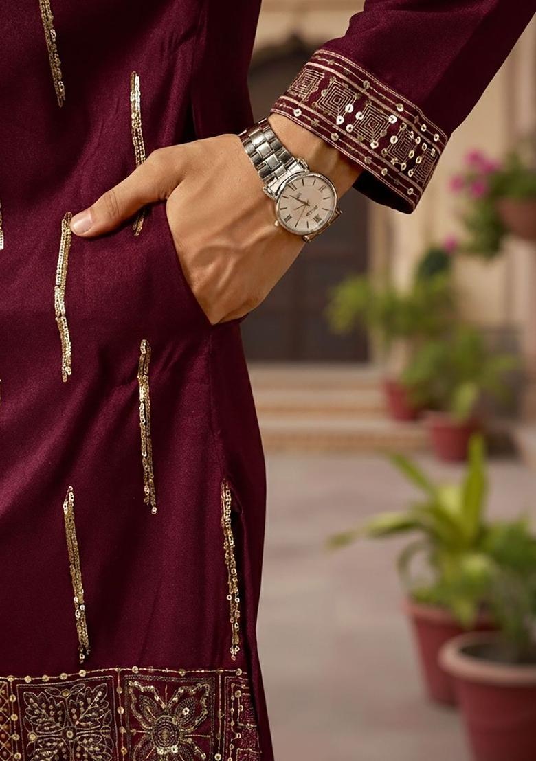 Maroon Embroidered Cotton Kurta Set For Men - Indya