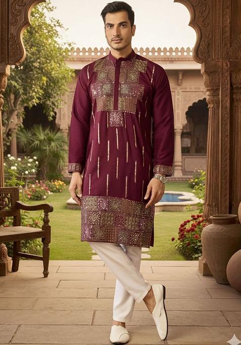 Maroon Embroidered Cotton Kurta Set For Men