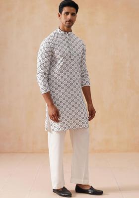White Embroidered Viscose Kurta Set For Men