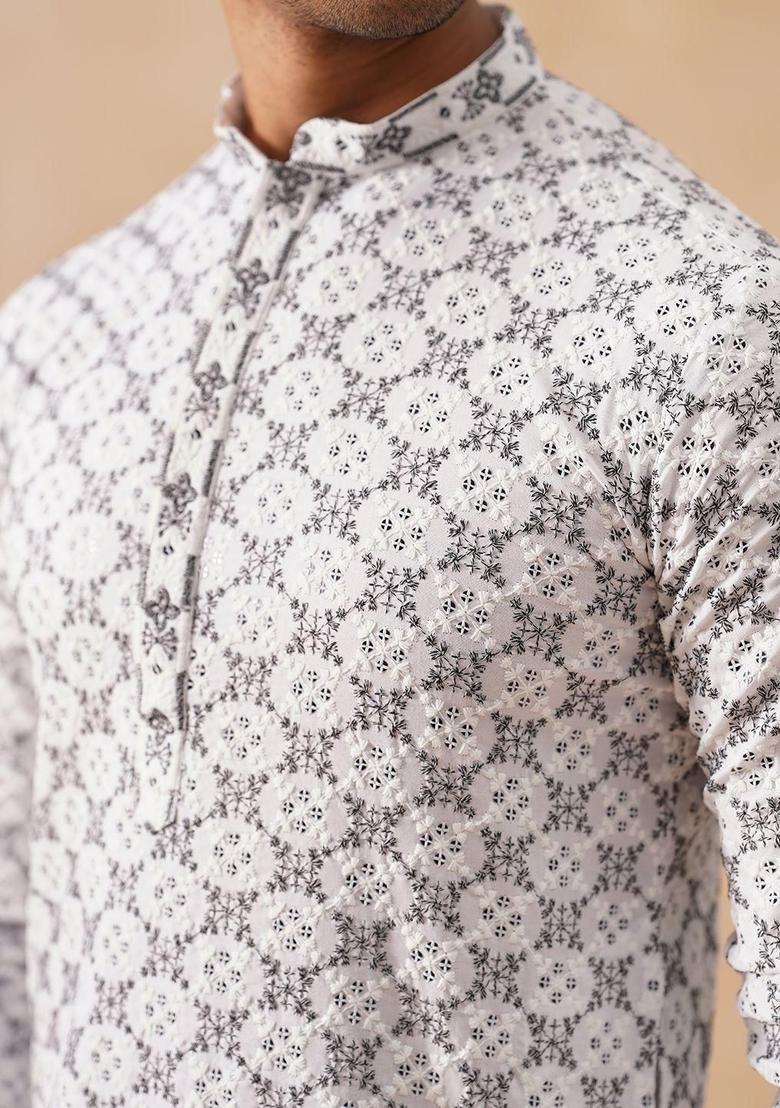White Embroidered Viscose Kurta Set For Men - Indya