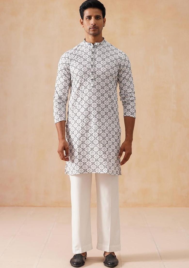 White Embroidered Viscose Kurta Set For Men - Indya